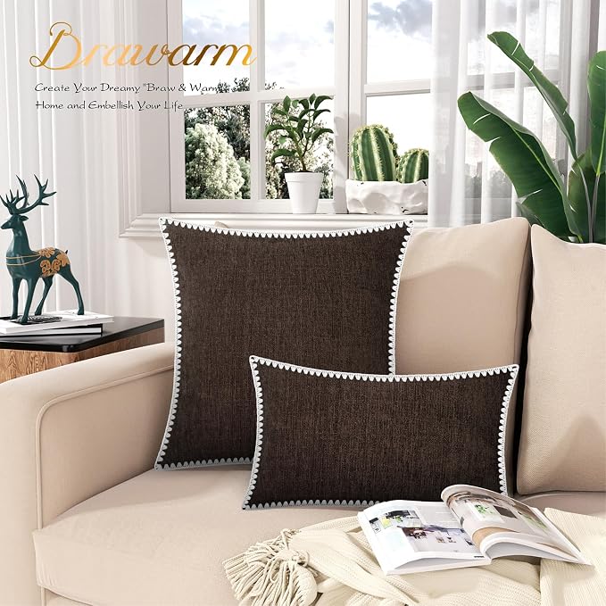 BRAWARM Chenille Throw Pillow Covers 12x20 Inches, Coffee, 2 Pack | Decorative Lumbar Pillow Covers with Shell Edge, Soft Cushion Cases for Sofa Bed Living Room Home Farmhouse (No Insert)