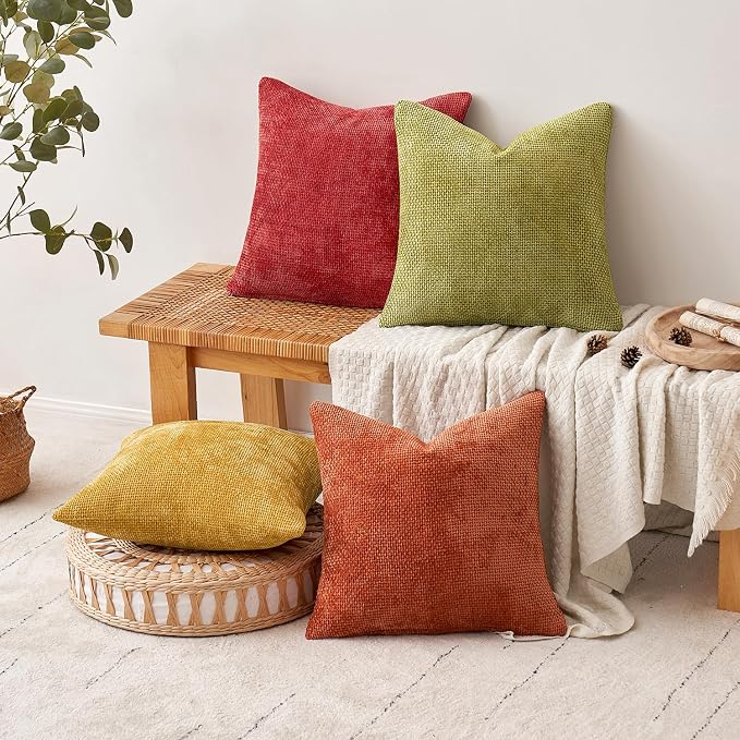 MIULEE Soft Decorative Chenille Fall Pillow Covers Rust Yellow Green 20x20 | Pack of 4, Rustic Decor, Autumn Harvest Set, Couch Throw Pillows, Farmhouse Boho Cushion Covers for Sofa Bed Living Room