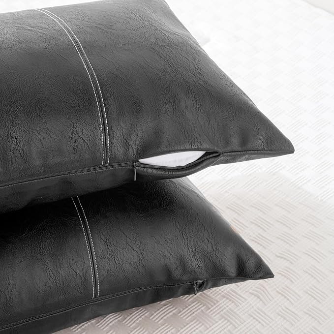 Fancy Homi Black Boho Long Lumbar Faux Leather Decorative Throw Pillow Covers 14x36 Inch for Living Room Couch Bed Sofa, Hand Stitched Rectangle Cushion Case, Rustic Modern Farmhouse Home Decor