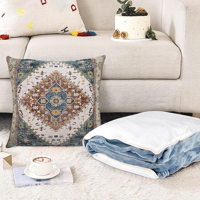 Boho Throw Pillow Covers 22x22 inch Set of 2,Soft Pillowcases Bohemia Carpet Printing Pattern Decorative Sofa Living Room Bed Square Pillow Case Cushion Cover-Blue Green