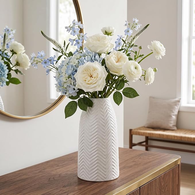 hjn White Vase for Flowers Ceramic Vase for Decor, Modern Decorative Tall Vases for Your Kitchen/Office/Living Room/Bookshelf/Mantel - White Texture(Medium)