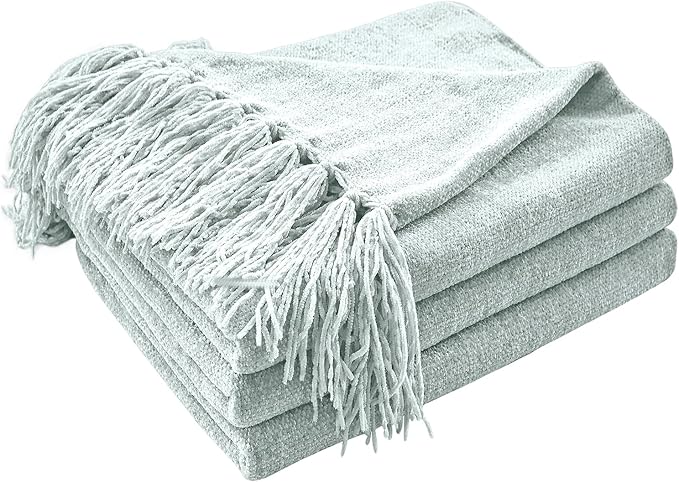 CozeCube Chenille Throw Blanket, Baby Blue Fringe Blanket, 50"X60" | For Couch, Cozy Plush Fuzzy Decorative Blanket with Fringe Tassels, Lightweight Throws for Bed Sofa Gift Home Decor