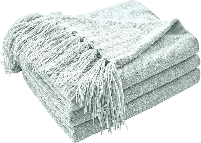 CozeCube Chenille Throw Blanket, Baby Blue Fringe Blanket, 60"X80" | For Couch, Cozy Plush Fuzzy Decorative Blanket with Fringe Tassels, Lightweight Throws for Bed Sofa Gift Home Decor