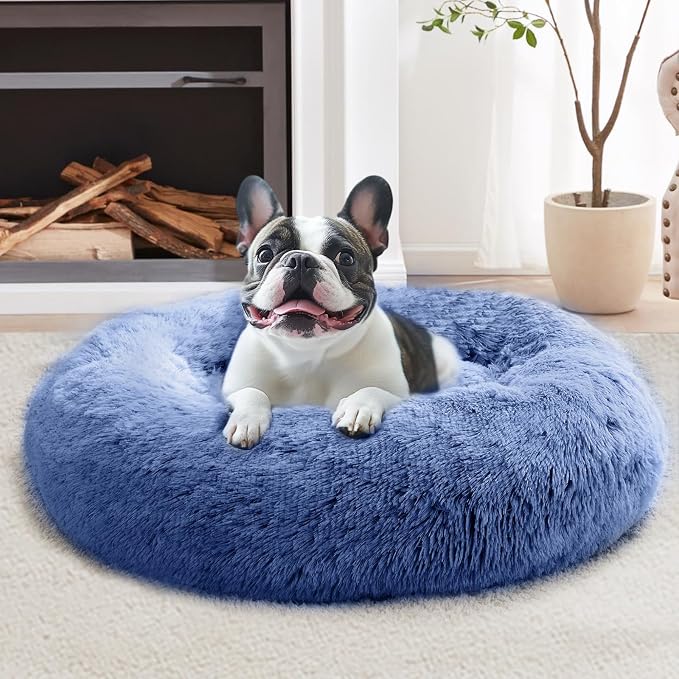 JOLLYVOGUE Calming Dog Bed Medium Size Dog, 31in Donut Washable Medium Pet Bed, Anti-Slip & Anti-Anxiety Fluffy Faux Fur Round Dogs Bed, Fits up to 45 lbs Pets (Navy Blue)