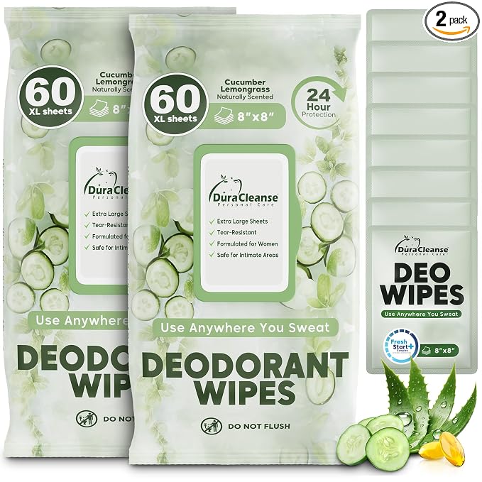 XL Deodorant Wipes for Women - 120 Ct. + 8 Travel Body Wipes Individually Wrapped - 8"x8" Odor Eliminator Towelettes for Underarm, Body, Feet - pH Balanced Armpit Smell Remover for Gym & Post Workouts