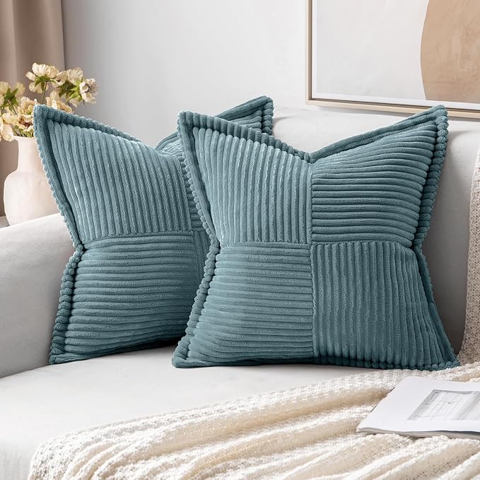 MIULEE Decorative Throw Pillow Covers for Couch 18x18 Inch Dusty Blue | 2 Pack, Boho Broadside Striped Patchwork Pillow Covers, Soft Corduroy Cushion Cases, For Sofa Bed Livingroom Home Decor