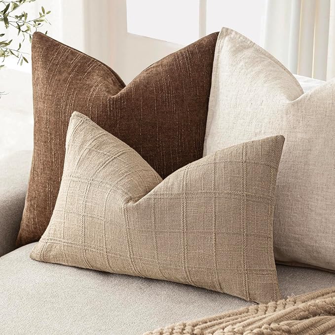 Foindtower Set of 2 Decorative Linen Check Throw Pillow Covers Neutral Farmhouse Lumbar Cushion Covers Modern Coastal Boho Home Decor for Sofa Chair Couch Bedroom Living Room,12×20 Inch,Camel