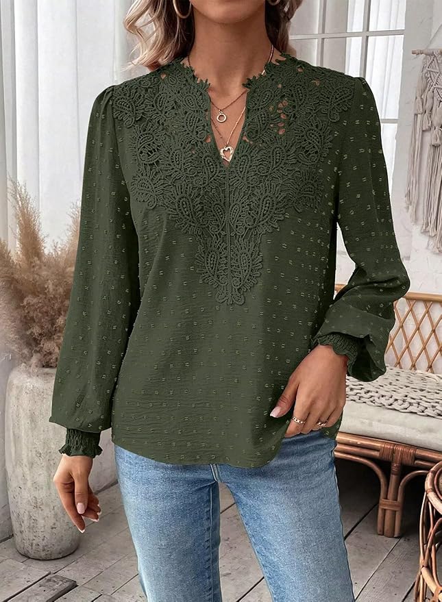 Womens Tops Swiss Dot Boho Long Sleeve Shirts V Neck Casual Chiffon Blouses Flowy Lace Hem Cute Clothing Trendy 2026