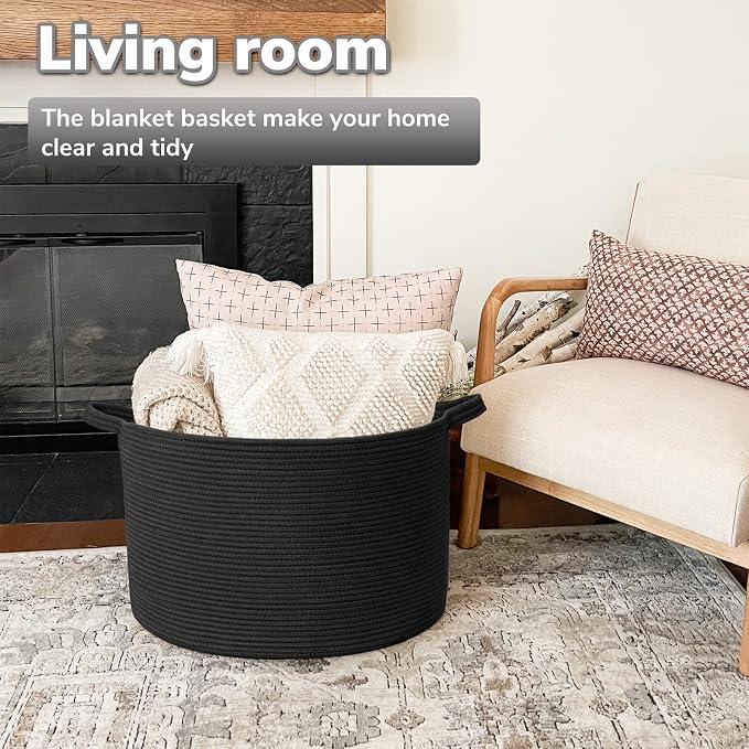 Goodpick Large Woven Basket for Blankets, Nursery & Living Room Decor, 85L | 21.7 x 21.7 x 13.8 In Toy Storage Basket for Nursery, Blanket Basket for Living room, Laundry Basket, Black