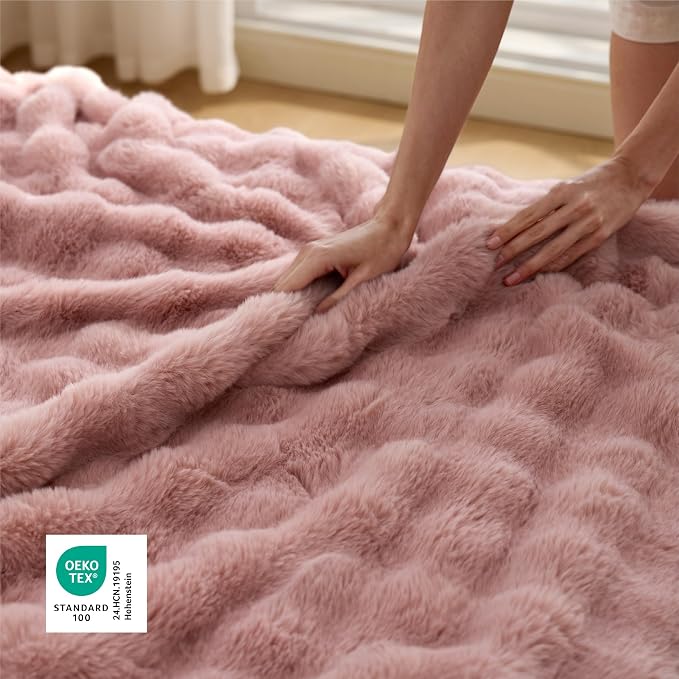 Bedsure GentleSoft Bubble Faux Fur King Size Blanket for Bed, Fluffy Fuzzy King Blanket for Winter, Soft Cozy Faux Fur Bedding Thick Warm Plush Decor for Bedroom, Dusty Rose, 104x90