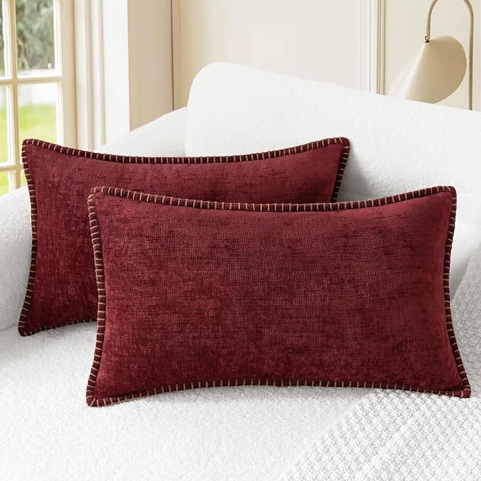 CaliTime Decorative Couch Throw Pillow Covers 20 X 12 Inches Burgundy | Pack of 2, Cozy Chenille Cushion Cases, Cotton Thread Stitching Edges, for Sofa Bed Living Room Farmhouse