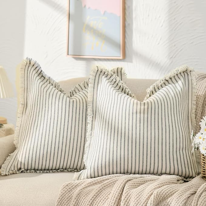 Throw Pillow Covers 20x20 Set of 2 Striped Pillow Covers with Fringe Chic Cotton Decorative Pillows Square Cushion Covers for Sofa Couch Bed Living Room Farmhouse Decor, (Gray)