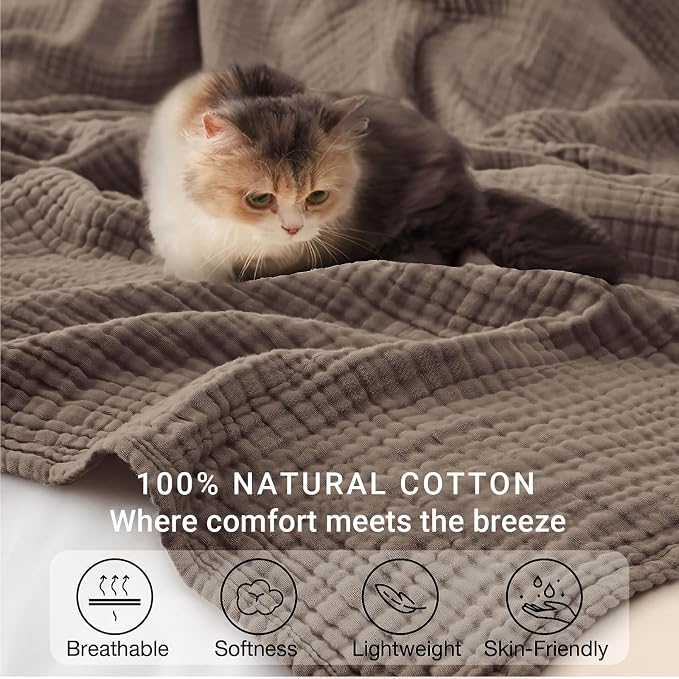 100% Cotton Muslin Blanket Twin 66" x 90", Breathable and Lightweight Cotton Twin Blankets for Couch, Soft Cooling Summer Gauze Blanket for Adults All Season, Tan