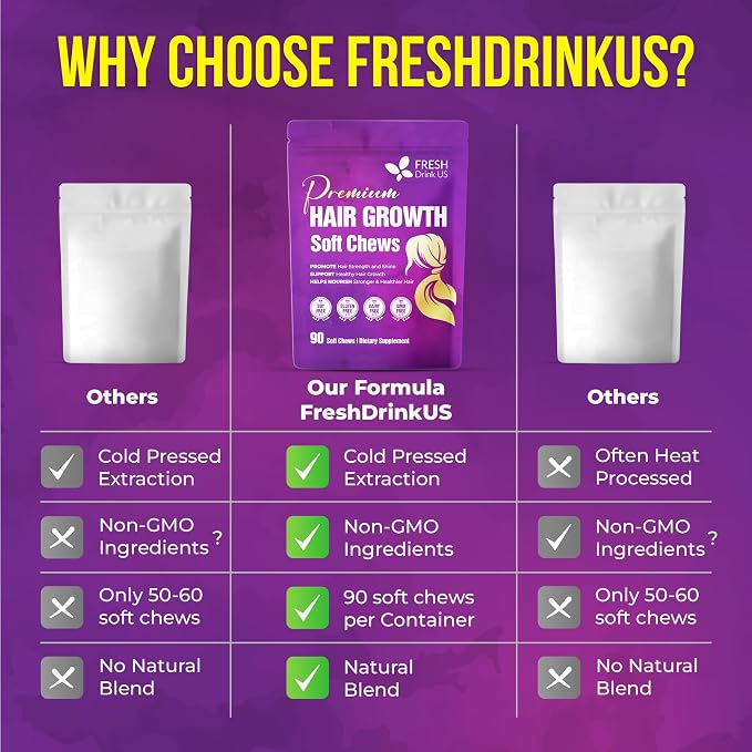 FreshDrinkUS, Premium Hair Growth Soft Chews | 90 Count | Daily Beauty Soft Chews – Delicious Chewable Formula for Everyday Hair Care Routine – Non-GMO, Gluten Free, Dairy Free