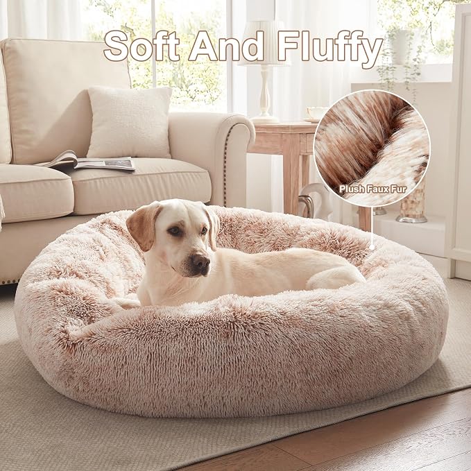 45 in Faux Fur Fluffy Donut Dog Bed for Extra Large Dogs,Brown | Calming Plush Round Jumbo Pet Bed with Removable & Washable Cover,Fits up to 120 lbs Pets
