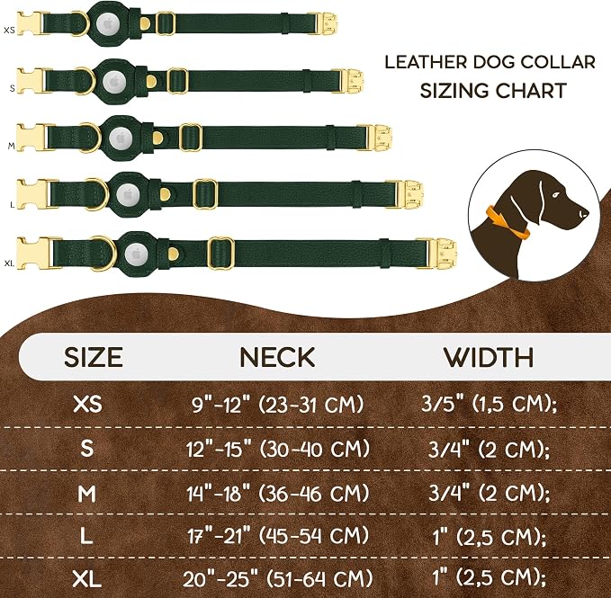 Leather Airtag Dog Collar - Soft Tracking Dog Collar with Apple AirTag Holder and Metal Buckle - Safety GPS Pet Collars for Small Medium Large Dogs Puppy Pink Red (Green, XS, 9"-12" Neck Fit)