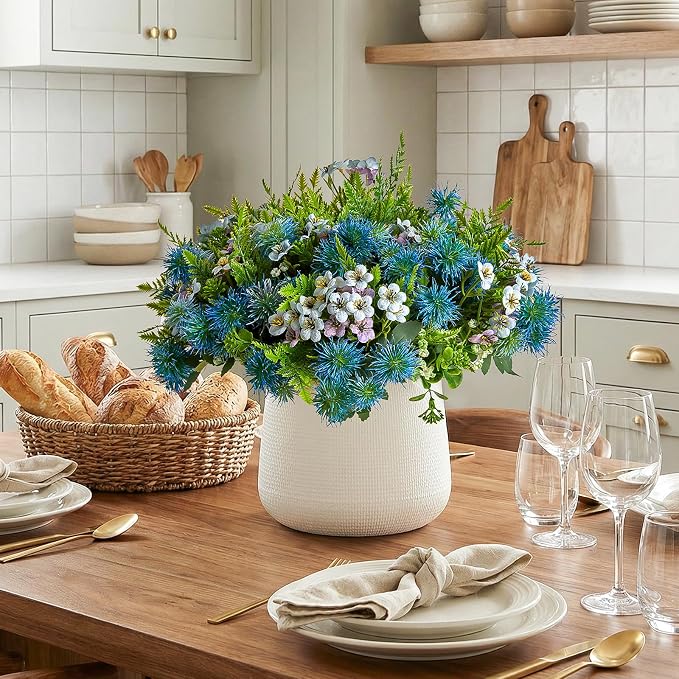 RM ROOMERS Artificial Flowers Plants for Outdoors, Fake Flowers Blue | Sea Holly UV Resistant Faux Flower for Garden Porch Windowbox Front Door Yard, No Fade Home Vase Decor (4 Bundles/24 stems)