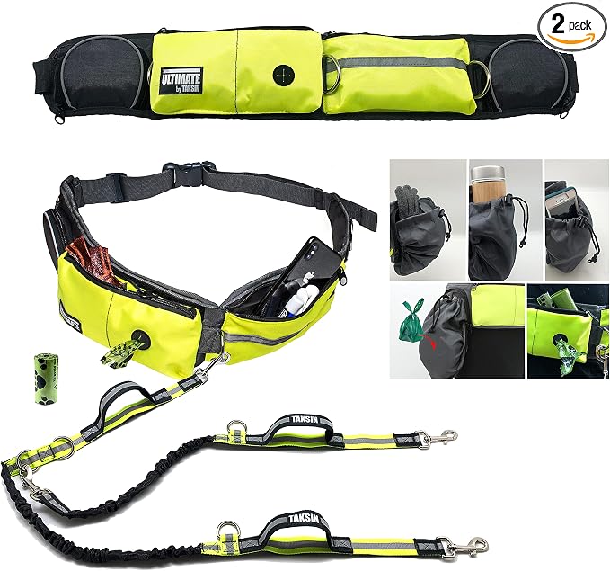 TAKSIN The Ultimate Hands Free Two Dogs Double Leash System for Walking Running Hiking Training, Reflective Bungee Leash, Treat Holder, Poop Bag Dispenser Small Medium Large Dogs (Yellow Deluxe Pack)