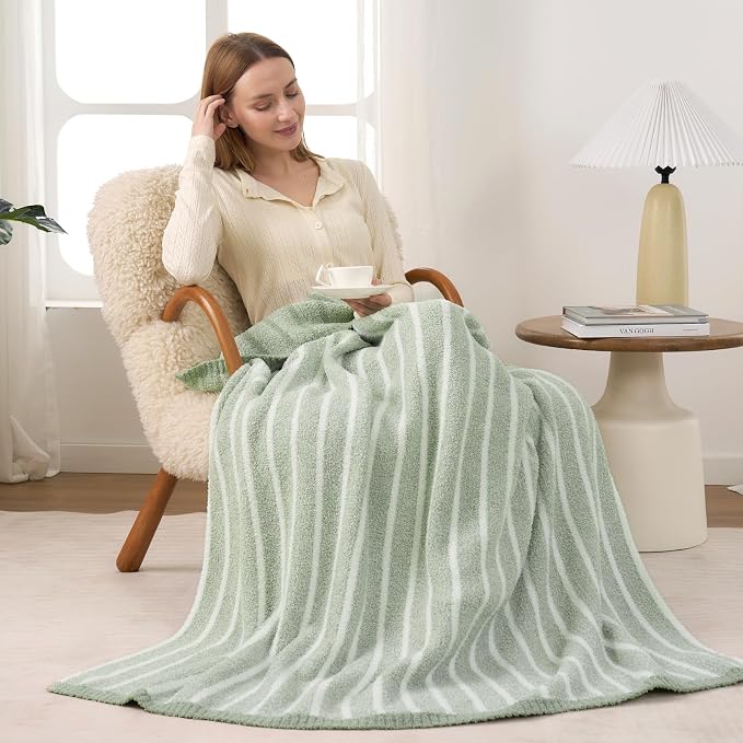 Snuggle Sac Ultra Soft Throw Blanket, Sage Green, 50"x60" | Reversible, Cozy Knitted Ribbed, Fuzzy Knit Striped, For Couch, Sofa, Bed, Home Decor