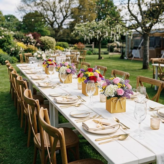 12 Pack Galvanized Square Vases with Floral Foam, 3.5 inch Waterproof Rustic Tin Buckets with Twine Bows, Mini Farmhouse Metal Planter Centerpieces for Wedding Party Table Decor (Gold)