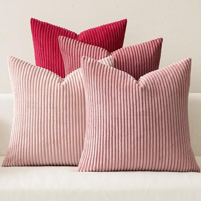 MIULEE Soft Corduroy Decorative Throw Pillow Covers Pink Series 18x18 | Set of 4, Shabby Chic Romantic Decor, Warm Red Pink Palette, Boho Farmhouse Cushion Covers for Couch Bed Sofa Living Room