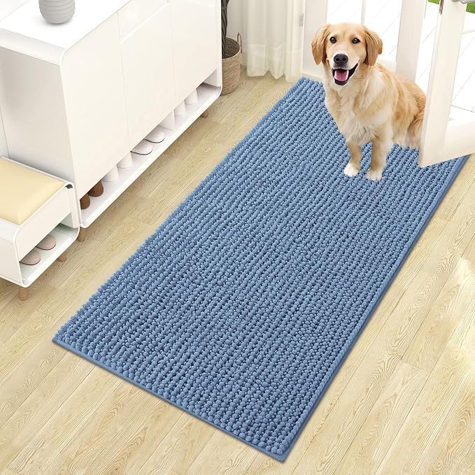 OLANLY Dog Door Mat for Muddy Paws 44x24, Extra Absorbent Chenille Mud Mat | Airy Blue, Absorbs Moisture and Dirt, Non-Slip Machine Washable Doormat, Quick-Drying Indoor Entryway Floor Mat for Dogs