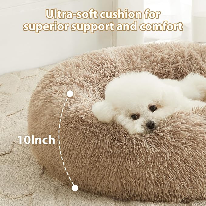 WNPETHOME Large Round Calming Dog Bed Cat Bed for Comfy Sleep | Large Cute Washable Puppy & Cat Bed with Fluffy Plush, Faux Fur Anti Anxiety Pet Bed Donut Cuddler (36x36x10 Inch, Brown)