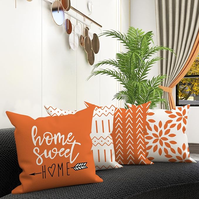 YCOLL Fall Pillow Covers 20x20 Set of 4, Modern Sofa Throw Pillow Cover for Fall Decor, Decorative Outdoor Linen Fabric Pillow Case for Couch Bed Car, Orange