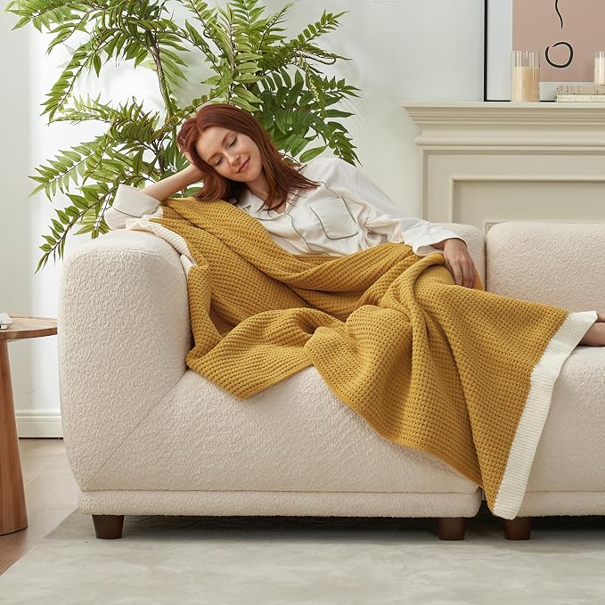 Chenille Throw Blanket, Soft Cozy Waffle Throw for Couch & Sofa, Warm Yet Lightweight, Breathable All-Season Throws for Women Men, Housewarming, Birthdays, 50"x60", Ginger