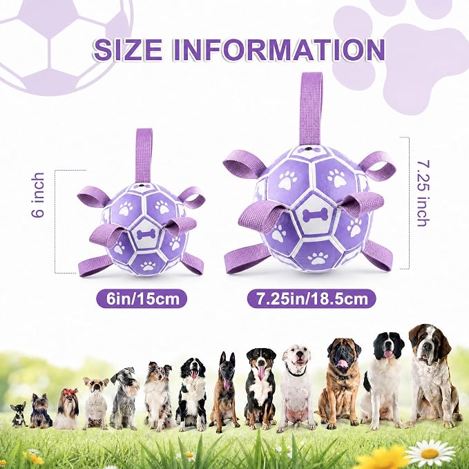 Dog Toys Balls, Dog Soccer Ball with Straps, Dog Birthday Gifts, Durable Balls for Small Medium Pet, Puppy Outdoor Toy, Pet Training Soccer Ball, World Cup Soccer (7.25 Inch) (Purple, Large)