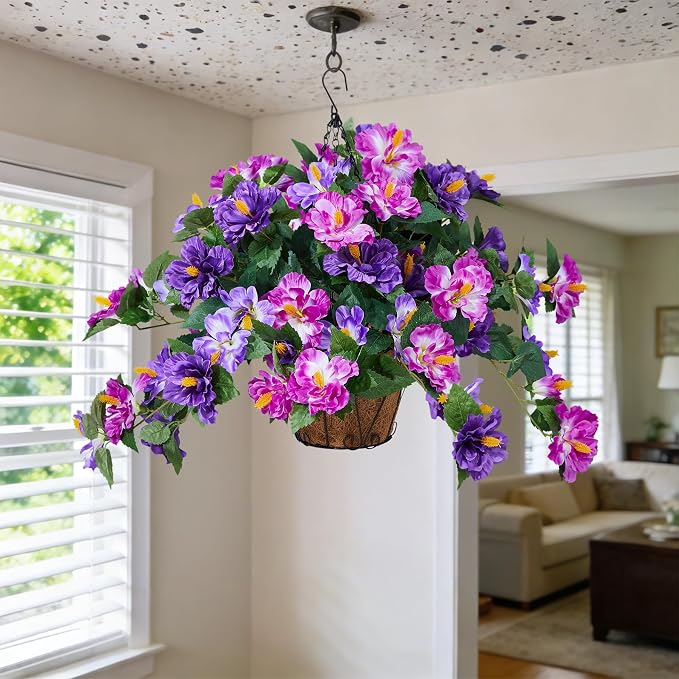 INXUGAO Artificial Flowers for Outdoors Indoors,3 Bunches Fake Hibiscus with Hanging Basket Realistic UV Resistant Silk Flower Leaves,Faux Plant for Outside Home Patio Garden Poch(Purple,Fuchsia)
