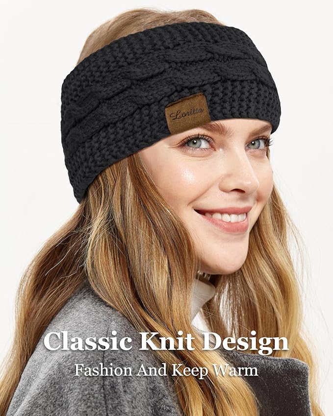 Loritta 2 Pack Headbands for Women Winter Warm Cable Knit Ear Warmer Thick Head Wrap Fuzzy Fleece Lined Gifts