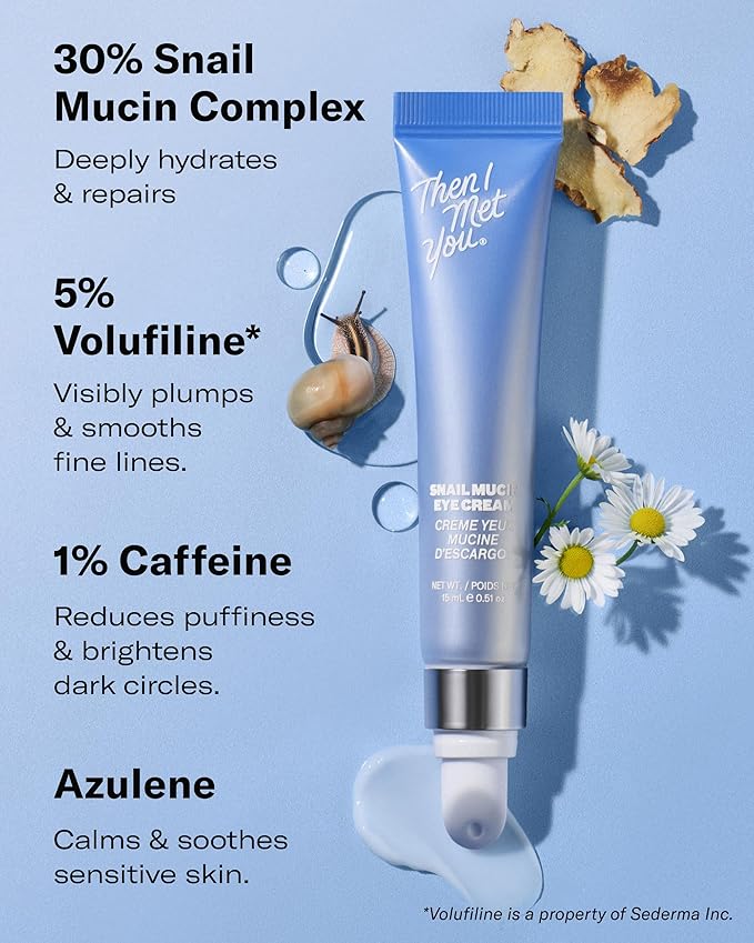 Then I Met You Snail Mucin Eye Cream, Korean Skincare for Dark Circles, Puffy Eyes, Fine Lines & Dehydrated Skin, Firming, Brightening and Plumping Treatment with Volufiline* & Caffeine, 0.51 oz
