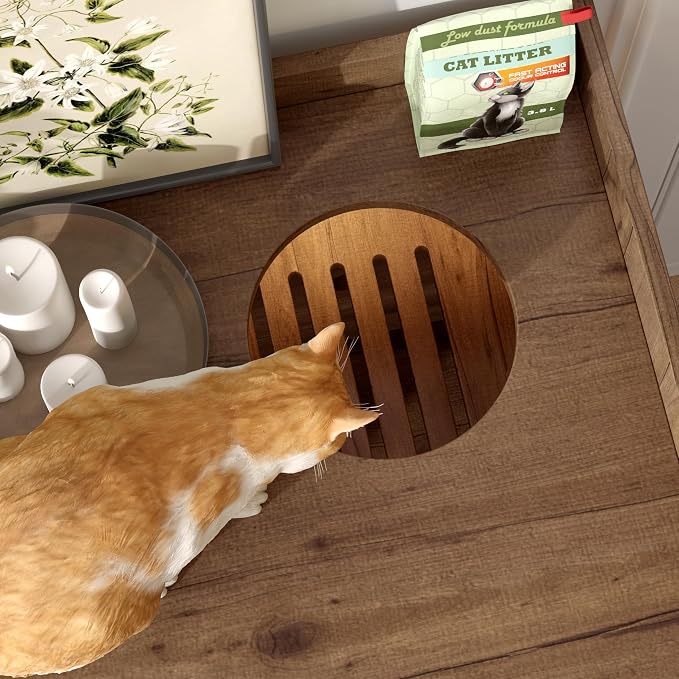 Hidden Cat Litter Box Enclosure Furniture with Drawer and Stairs, Wooden Cat House Washroom with Glass Door, Litter Cabinet Side Table for Bedroom Living Room, Brown White