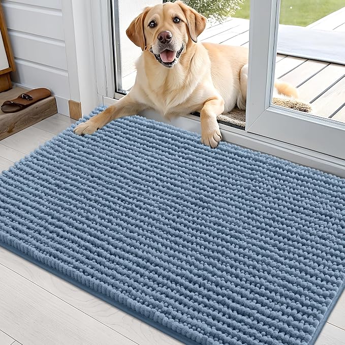 OLANLY Dog Door Mat for Muddy Paws 36x24, Extra Absorbent Chenille Mud Mat | Airy Blue, Absorbs Moisture and Dirt, Non-Slip Machine Washable Doormat, Quick-Drying Indoor Entryway Floor Mat for Dogs