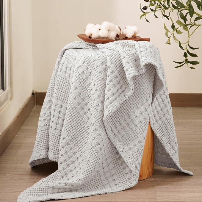 PHF 100% Cotton Waffle Weave Throw Blanket, Lightweight Breathable Summer Blanket for Couch Sofa, Pre-Washed Soft Throws for Bed, Office, Travel & Stylish Home Decor, 50"x60", Light Grey