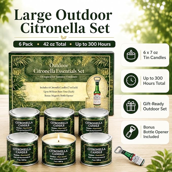 Citronella Candles Outdoor,6 Pack 42 oz Soy Wax Tin Candles with 7% Citronella Oil, Bonus Magnetic Bottle Opener, Up to 300 Hours, for Patio, Backyard, Camping, BBQ & Garden