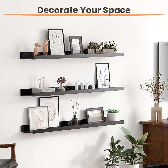 upsimples Floating Shelves for Wall Decor and Storage, Black, 6Pcs 35.5'' | Wall Mounted Wood Shelves for Living Room, Bedroom, Kitchen, Office, Nursery Room, Coffee Bar Display and Organize