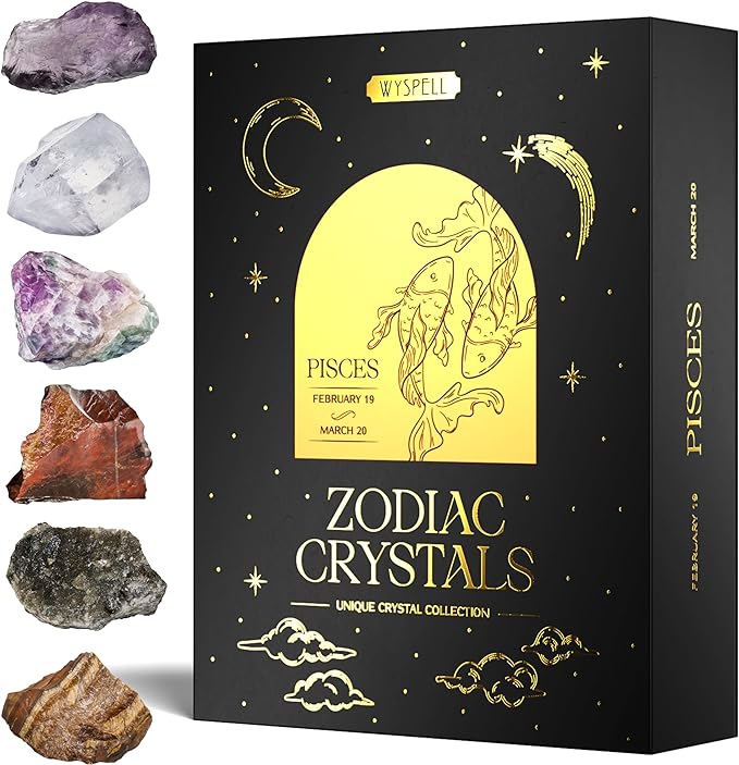 Wyspell Pisces Crystal Set - 6 Raw Pisces Crystals and Healing Stones - Pisces Gifts for Women - Birthday Gifts for Women - Astrology Gifts for Women - Zodiac Crystal Set - Healing Gifts
