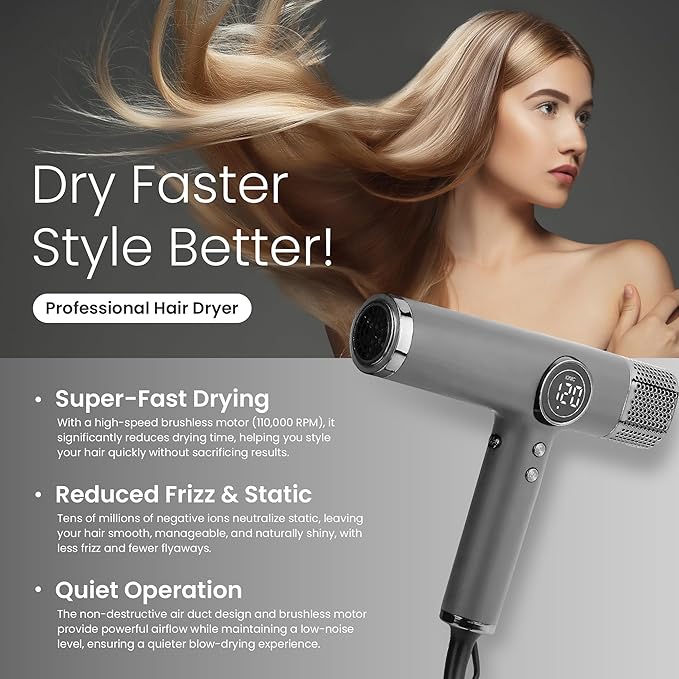 be beautiful extensions Hair Dryer for salon-1800W high Speed Powerful Blow Dryer with a110,000 RPM Lightweight Turbo Heat for Fast Drying-Black