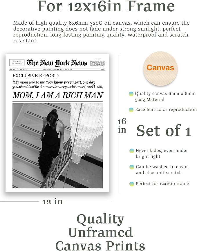 EcoHest 12x16 in Mom I Am a Rich Man Newspaper Canvas Art | Unframed Canvas Print, Girly Fashion Magazine Wall Decor for Bedroom, Apartment, Dorm Room, College Room, 1Pack