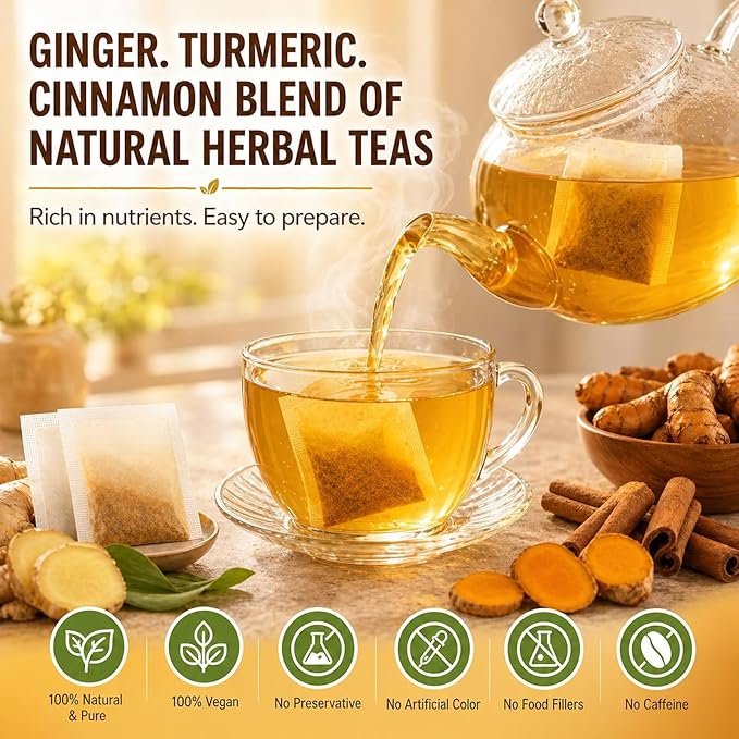 30 Premium Turmeric Ginger Cinnamon Tea Bags, 100% Natural Ingredients Herbal Tea, Turmeric Ginger Herbal Blend for Wellness & Digestive Support, Vegan, No Sugar, Caffeine-Free