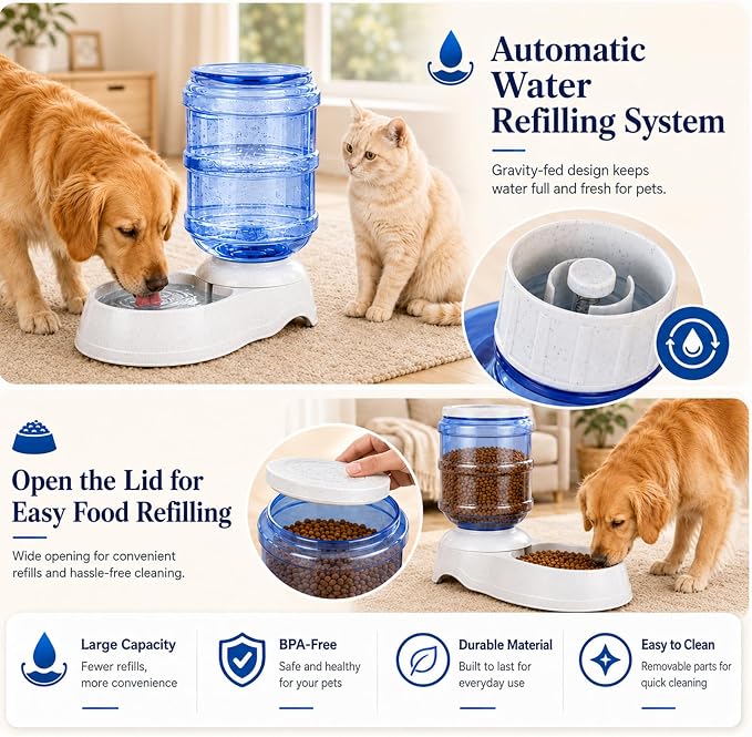 Automatic Dog Feeder and Water Dispenser Set for Large Dogs, 3 Gallon Gravity Dog Cat Food and Water Dispenser Set with Pet Food Bowl,Large Pet Food Water Dispenser Station