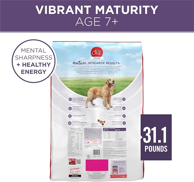 Purina ONE Plus Senior Dry Dog Food, Adult 7+, 31.1 lb Bag | Vibrant Maturity formula for mature 7+ dogs, real chicken as the first ingredient, promotes metal sharpness in senior dogs