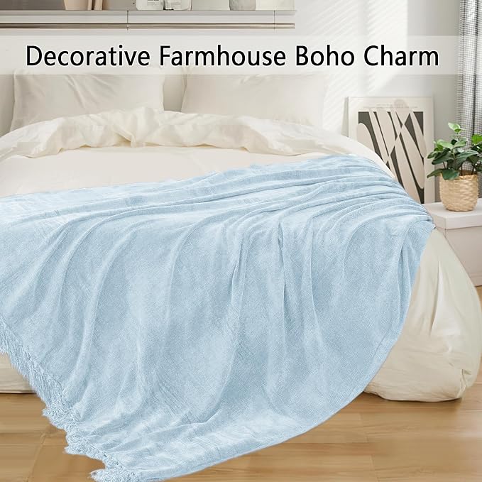 Chenille Throw Blanket for Couch 50" x 60", Light Blue | Soft Cozy Warm Throws with Fringe Tassel, for Living Room Bed Sofa Chair Cover, Lightweight Knitted Decorative Boho Blankets
