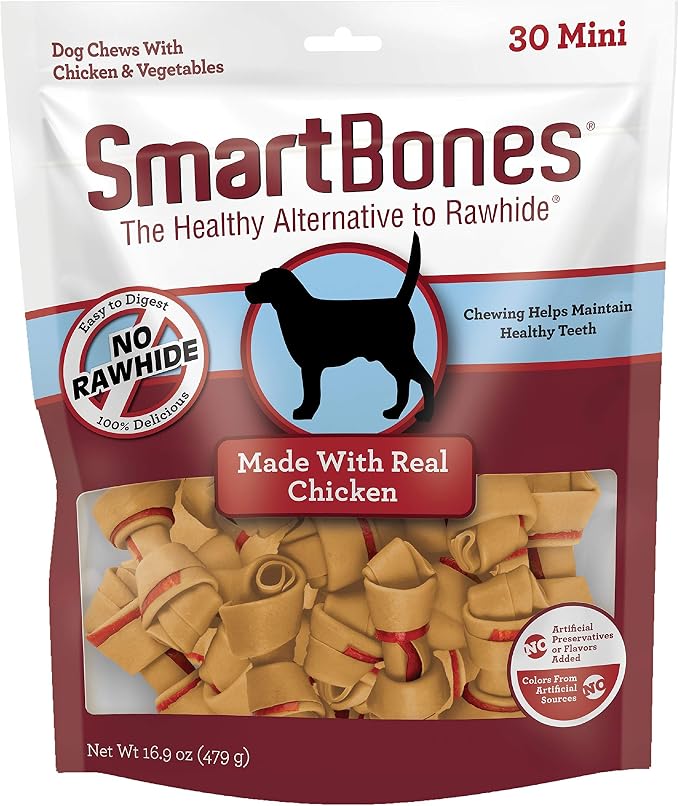 SmartBones Mini Bones Rawhide-Free Dog Treat, With Real Chicken, 30 Count | Easy To Digest Chew, No Artificial Preservatives or Flavors, Vitamin & Mineral Enriched, Maintains Healthy Teeth, Small Dogs
