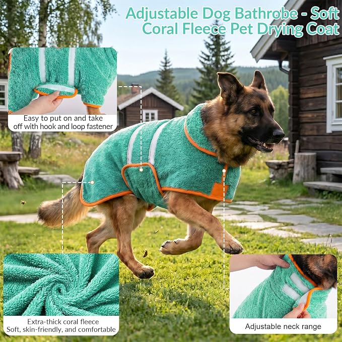 Dog Bathrobe, Super Absorbent for Small to Large Dogs, Lake Green XL | Dog Robes with Soft Fleece, Warm & Cozy, Adjustable Fit, and Quick Drying Coat for Baths Swimming and Grooming