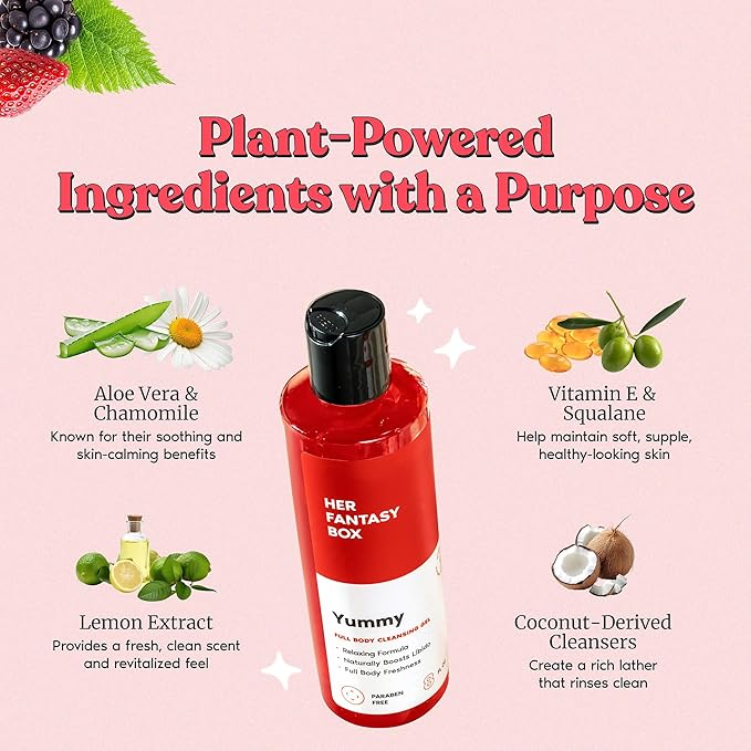 Her Fantasy Box Yummy | Body Wash - Indulgent, Luxurious Body Wash for Deep Cleansing, Moisturizing, and Nourishing Skin - Refreshing Scent for All Skin Types - 8 oz Shelf Life of 500 Days.