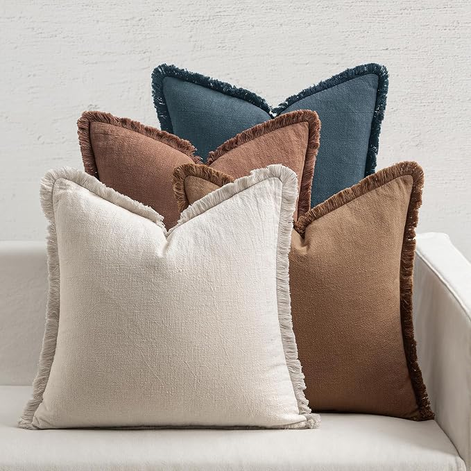 MIULEE Fall Linen Fringe Pillow Covers Set of 4 18x18 Beige/Brown/Blue | Boho Farmhouse Decorative Throw Pillow Covers, Neutral Soft Rustic Cushion Cases, for Couch Sofa Bed Living Room Home Decor