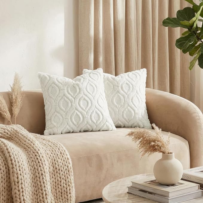 decorUhome Faux Fur Soft Cream White Throw Pillow Covers 12x20 Set of 2 | Plush Solid Fall Couch Pillow Covers, Accent Modern Farmhouse Neutral Decorative Square Pillow Cases for Sofa Bed Living Room
